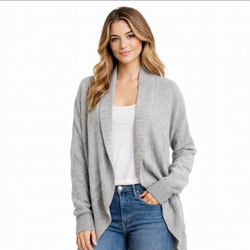 Rachel Zoe Gray Shawl Collar Open Front Cardigan Size S Soft Knit Cozy Layer